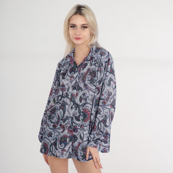 70s Disco Shirt Indian Floral Print Blouse Tent Button Up Top Flowy Retro Hippie Seventies Trapeze Vintage 1970s Long Sleeve Oversize Medium
