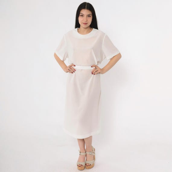 70s Sheer White Shift Dress Mod Midi Dress Plain See Through Polyester Vintage 1970s Short Sleeve Belted 2xl Plus Size
