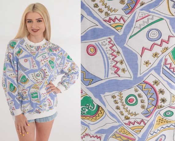 Abstract Floral Sweatshirt 90s Graphic Pullover Sweater Zig Zag Flower Print Novelty All Over Pattern Ringer Crewneck Vintage 1990s Medium M