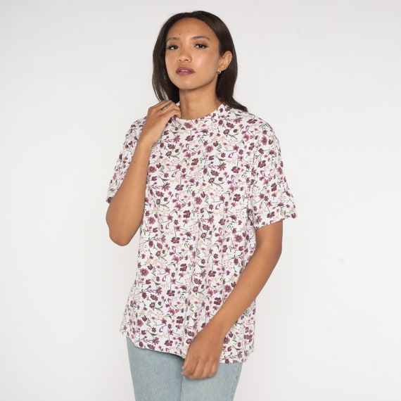 Floral T Shirt 90s Floral Tee White Purple Graphi… - image 2