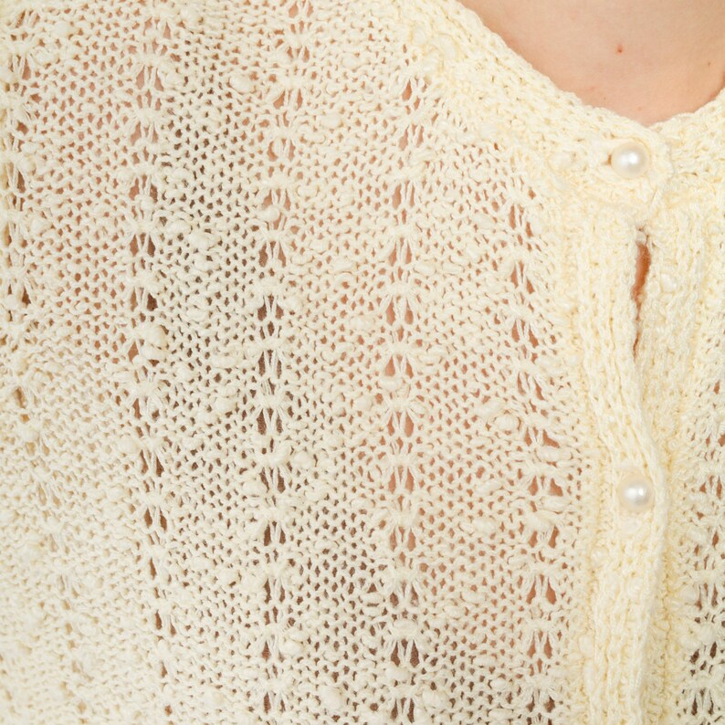 Pale Yellow Cardigan 80s Pointelle Knit Pearl Button up Sweater Open Weave Sheer Sweater Retro Grandma Openwork Vintage 1980s Small S image 6