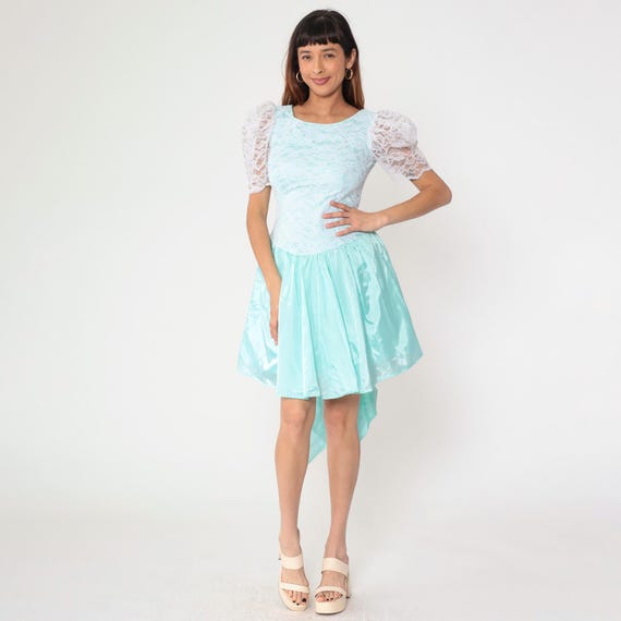 80s Lace Taffeta Party Dress Vintage Aqua Blue Mini Formal Puff Sleeve Dress Bow Prom Dress Fit and Flare Prom Drop Waist 1980s Small 6