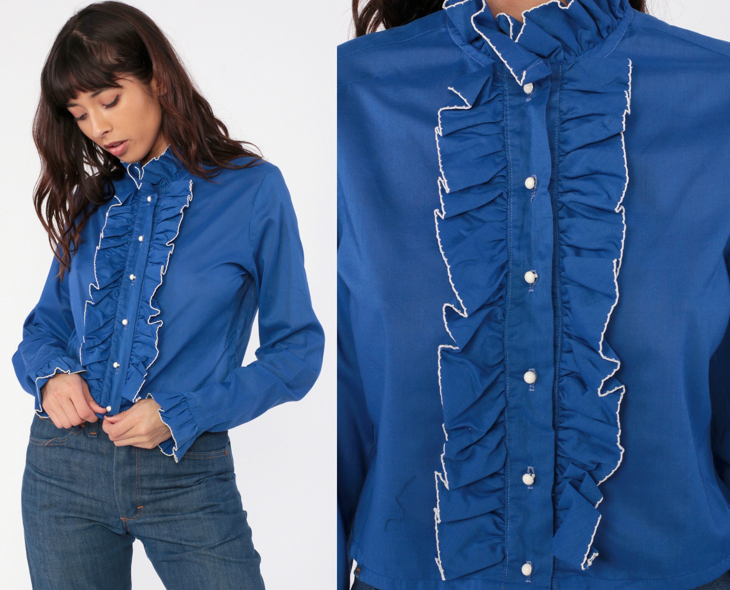 Blue Double Ruffle Sleeveless Frill Neck Button Down Top – Shop Style Your  Senses