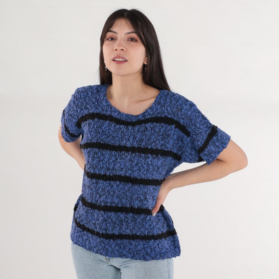 Striped Sweater Top 90s Blue Black Knit Shirt Flecked Chunky Short Sleeve Retro Basic Blouse Slouchy Acrylic Basic Vintage 1990s Medium M