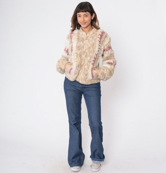 Chunky Knit Sweater 70s Zip Up Fuzzy Cardigan Tan… - image 3
