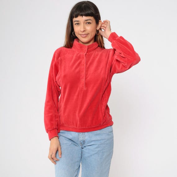 Vintage Red Velour Sweatshirt 80s Mock Neck Pullover Long Sleeve Shirt Retro Button Up Sweater 1980s Long sleeve Medium M