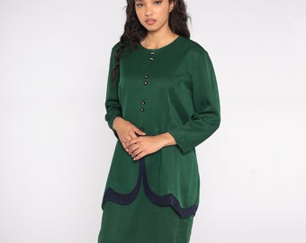 Grön skjortklänning Midi 80-tals Långärmad skjortklänning Knäppt shiftklänning 1980-tals Vintage Enfärgad Peplum Sekretär Moderate Retro Extra Stor XL 16