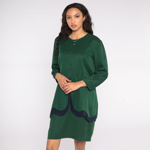 Green Shirt Dress Midi 80s Long Sleeve Shirtdress Button Up Shift Dress 1980s Vintage Plain Peplum Secretary Modest Retro Extra Large XL 16