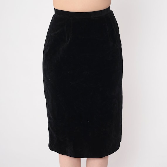 Black Velvet Skirt 70s Midi Pencil Skirt Goth Skirt 1970s Knee Length Vintage Party Bohemian Extra Small XS