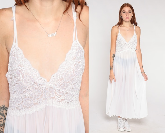 White Lace Nightgown Y2K White Slip Dress Midi Sequin Lace Lingerie Vintage 00s Lettuce Edge Hem Spaghetti Strap Empire Waist Medium