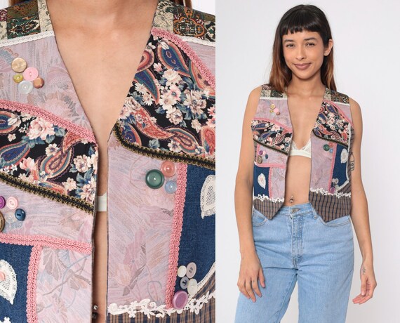 90s Reversible Patchwork Vest Vintage Chambray Pl… - image 2