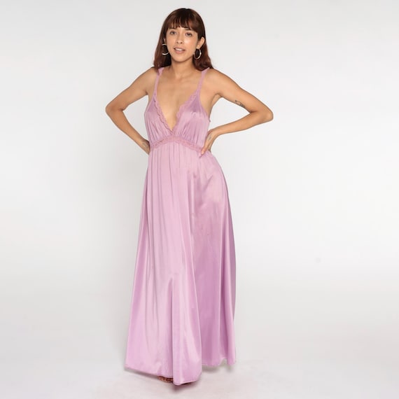 70s Lavender Nightgown Olga Maxi Slip Dress Plunging Neckline Lace Lingerie Vintage Pastel Purple Empire Waist V Neck Bohemian Large L