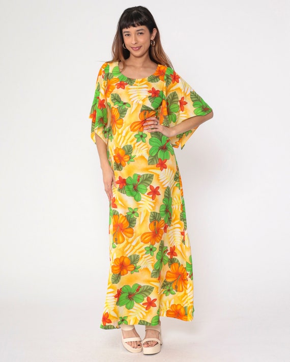 70s Hawaiian Maxi Dress Angel Sleeve Floral Empire Waist Hippie Bohemian Festival Orange Green Yellow Boho Vintage 1970s Small 4