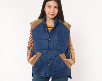 80s Puffer Vest Navy Blue Quilted Suede Trim Snap Front Stand Collar JCPenney Sleeveless Jacket Tan Brown Western Warm Layering Medium M
