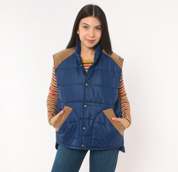 80s Puffer Vest Navy Blue Quilted Suede Trim Snap Front Stand Collar JCPenney Sleeveless Jacket Tan Brown Western Warm Layering Medium M