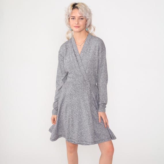 80s Grey Mini Wrap Dress V Neck Flared Skater Long Sleeve Jersey Dress 1980s Vintage High Waisted Retro Plain Dropped Armhole Small 5/6