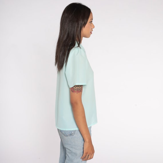 Puff Sleeve Blouse 70s 80s Seafoam Blue Shirt Pla… - image 5