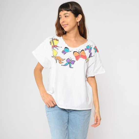 90s White Butterfly T Shirt Raw Neckline Cutoff Short Sleeve TShirt Vintage Scoop Neck Tshirt Extra Large xl