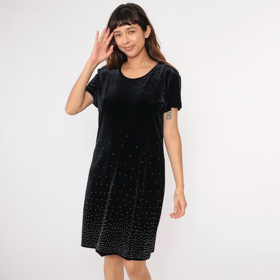 Vintage Velvet Mini Dress 90s Beaded Black Party Dress Short Sleeve Shift Solid Stretch Velour Cocktail Gothic Witch Minidress Goth Large L