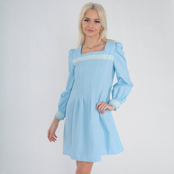 Blue Mini Dress 70s Puff Sleeve Pleated Dress Lac… - image 3