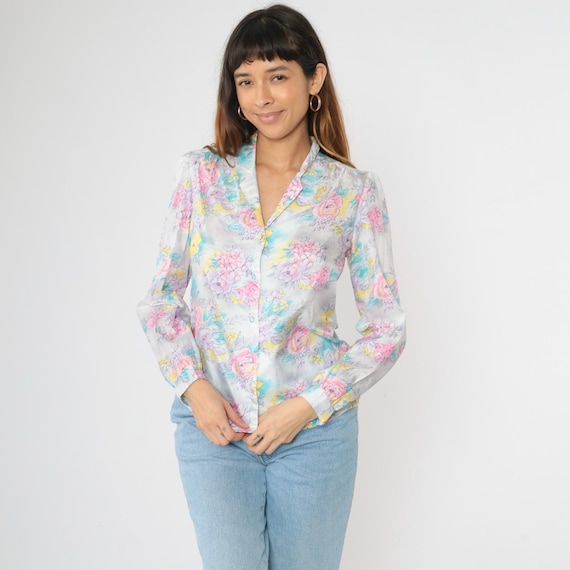 80s Pastel Floral Blouse Puff Sleeve Button Up Shirt Top Vintage Long Sleeve 1980s Pink Lavender Blue Medium M
