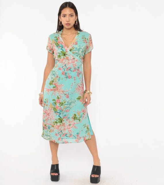 Aqua Chrysanthemum Dress 2000s Floral V Neck Cap Sleeve Midi Teal Pink Green Feminine Garden Party Summer Spring Cottagecore Medium M