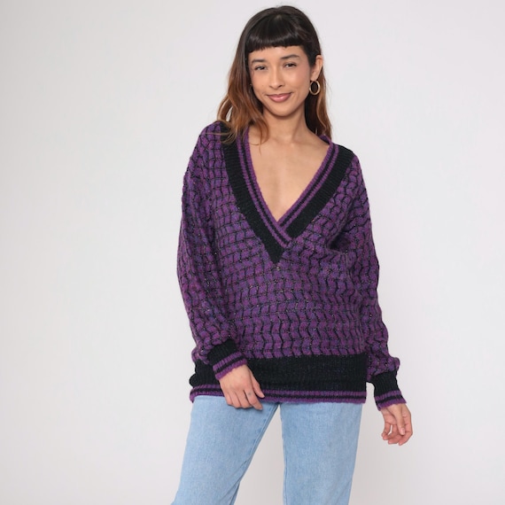 Deep V Sweater 90s Purple Black Textured Knit Jumper Metallic Thread Oversized Boxy Fit Striped Trim Grunge Glitter Lurex Large L
