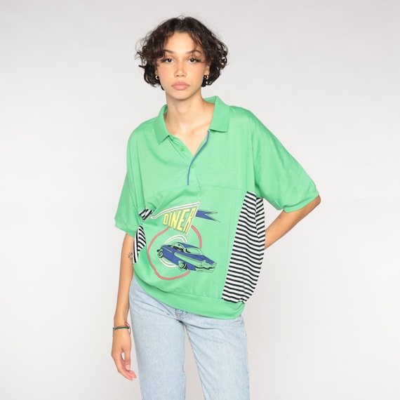 Classic Car Shirt 90s Polo Lime Green Fifties Diner Graphic Tee Striped Banded Hem Polo Short Sleeve Vintage 1990s Le Tigre Extra Large xl