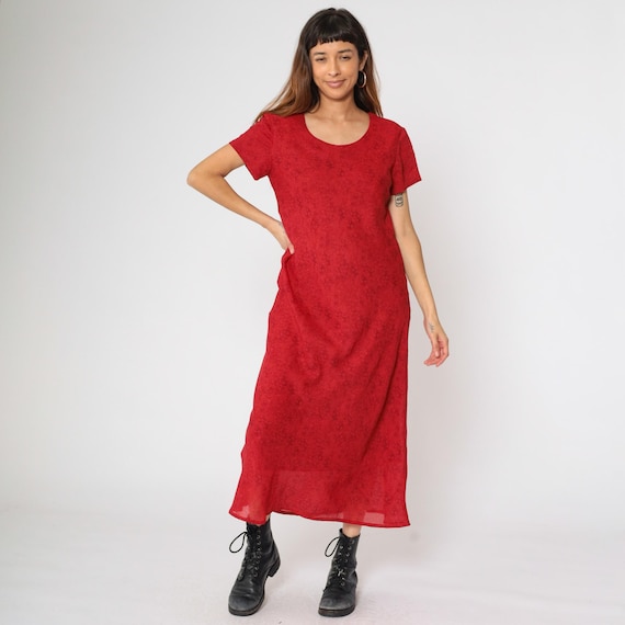 90s Red Floral Dress Scroll Print Maxi Shift Dress Vintage Summer Hippie Boho Scoop Neck 1990s Bohemian Retro Short Sleeve Large