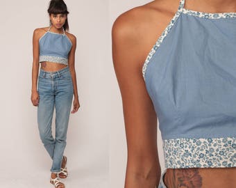 Floral Neckholder Top 90er Jahre Hippie Grunge Shirt Blau Boho Crop Top Rückenfreie Bluse Blumen Print 1990er Jahre Offener Rücken Sommer Boho extra small xs