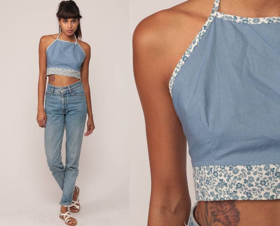 Floral Halter Top 90s Hippie Grunge Shirt Blue Boho Crop Top Backless Blouse Flower Print 1990s Open Back Summer Bohemian Extra Small xs