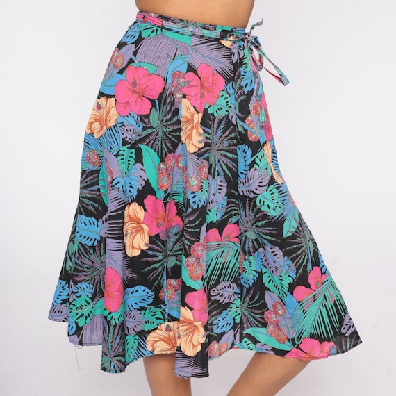 Tropical Floral Skirt 80s Black Hawaiian Midi Skirt Boho Summer Hippie Festival High Waisted Flower Bohemian Vintage 1980s Extra Small xs 24