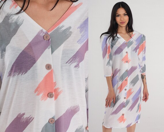 Brushstroke Print Dress 80s Day Dress Puff Sleeve Button up Midi Dress White Semi-Sheer Shirtdress Orange Blue Purple Vintage 1980s Small S