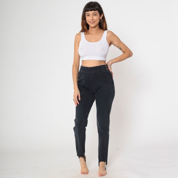 90s Black Stirrup Jeans Anchor Blue Skinny Jeans Vintage High-Waisted Side Button Closure Elastic Straps Retro Slim Spandex Blend Medium