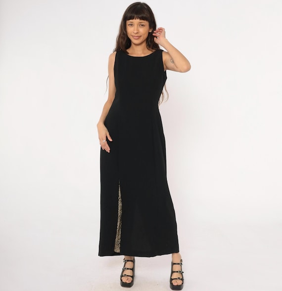 90s Leopard Dress Black Maxi Animal Print Slit Sleeveless Vintage Cocktail Evening Formal Long Tank Back Slit Going Out Party Chic Large L