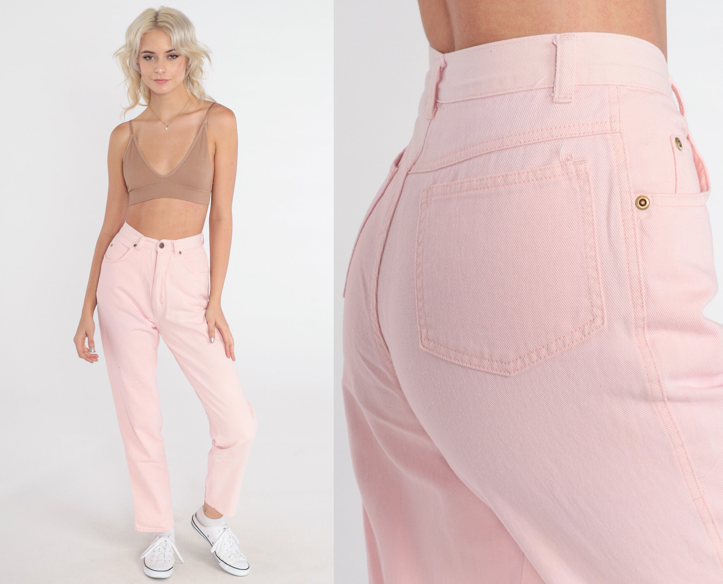 Baby Pink Jeans 90s Mom Jeans High Waisted Rise Denim Pants Retro