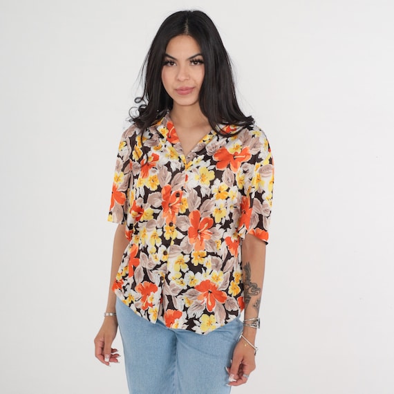 70s Hawaiian Shirt Tropical Floral Button Up Blouse Black Hibiscus Flower Print Top Orange Yellow Boho Vintage 1970s Graff Californiawear XL