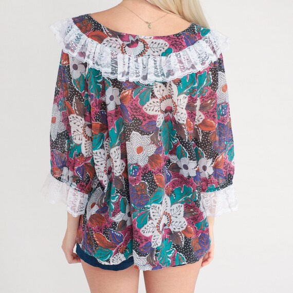 Lace Floral Blouse 80s Ruffle Shirt Boho Top Trop… - image 7