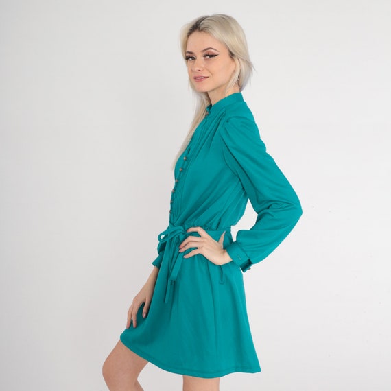 Teal Green Dress 80s Mini Dress Pleated Button Up… - image 5