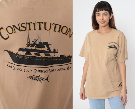 Constitution Sportfishing Boat Shirt Y2K San Diego Fishing TShirt Sailing Graphic Tee Nautical Aqua Bay Marine Tan Vintage 00s Medium Large