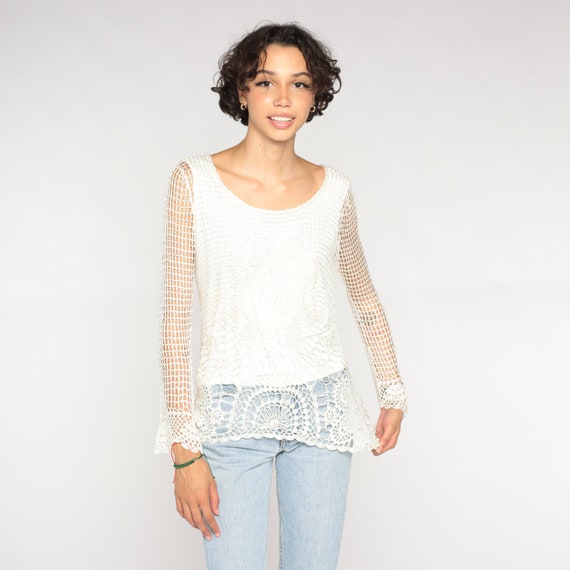 White Crochet Shirt Y2K Boho Blouse Long Sheer Sl… - image 5