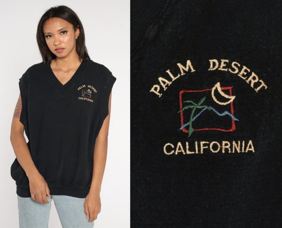 Palm Desert California Shirt Sleeveless Sweatshirt 80s Pullover V Neck Vest Slouchy Shirt Retro Black Tank Top 1980s Vintage Oversized Large