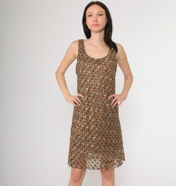 Vintage 90s Sheer Metallic Abstract Dress Floral Chiffon Scoop Neck Sleeveless Mini Length Nude Lining Party Going Out Large L