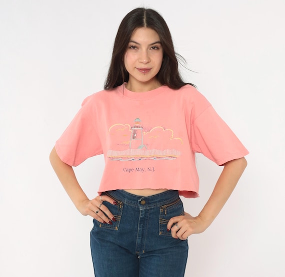 Lighthouse Crop Top 90s Embroidered Souvenir Tee Pink Cropped Shirt Salmon Beach Vacation Travel Tourist Boxy Cut Off Peach Blouse Large L