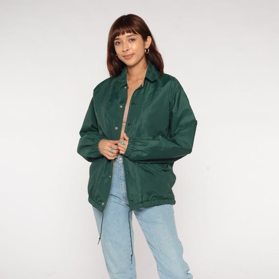 LL Bean Jacket 80s Forest Green Mustard Collar Snap Button Coach Windbreaker Outdoor Preppy Vintage Workwear Camping Dark Academia Small S