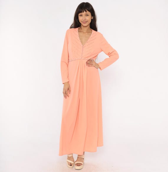 70s Peach Beaded Maxi Dress Empire Waist V Neck Long Sleeve Salmon Rhinestone Chevron Embellished Evening Cocktail Blush Extra Large XL