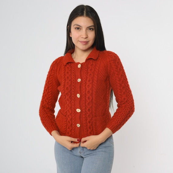 70s Rust Orange Cable Knit Cardigan Button Front Collared Sweater Pockets Deer Antler Buttons Style Fall Winter Knit Extra Small XS