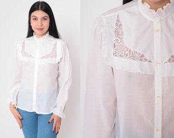 White Victorian Blouse 80s Button Up Top Ruffled High Neck Shirt Floral Embroidered Mesh Lace Bib Long Puff Sleeve Vintage 1980s Small S