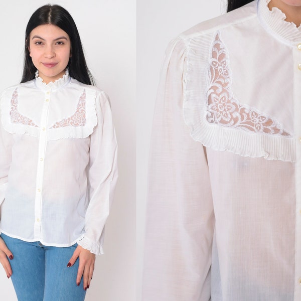 White Victorian Blouse 80s Button Up Top Ruffled High Neck Shirt Floral Embroidered Mesh Lace Bib Long Puff Sleeve Vintage 1980s Small S