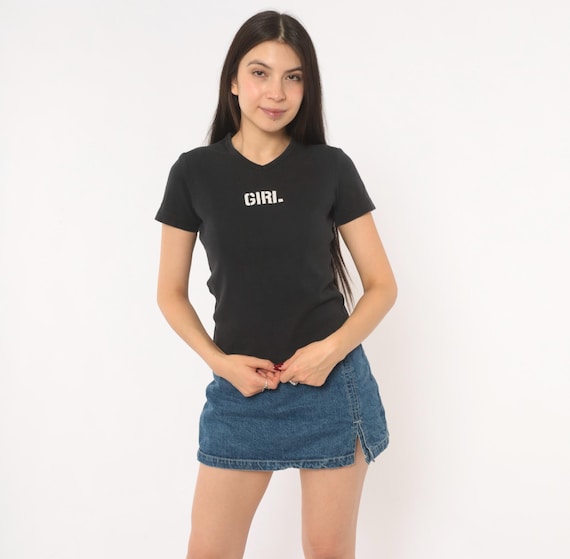 90s Baby Tee Black V Neck Cotton Short Sleeve Embroidered Girl Fitted Crop Top Graphic Shirt Grunge Riot Grrrl Vintage Women Extra Small XS